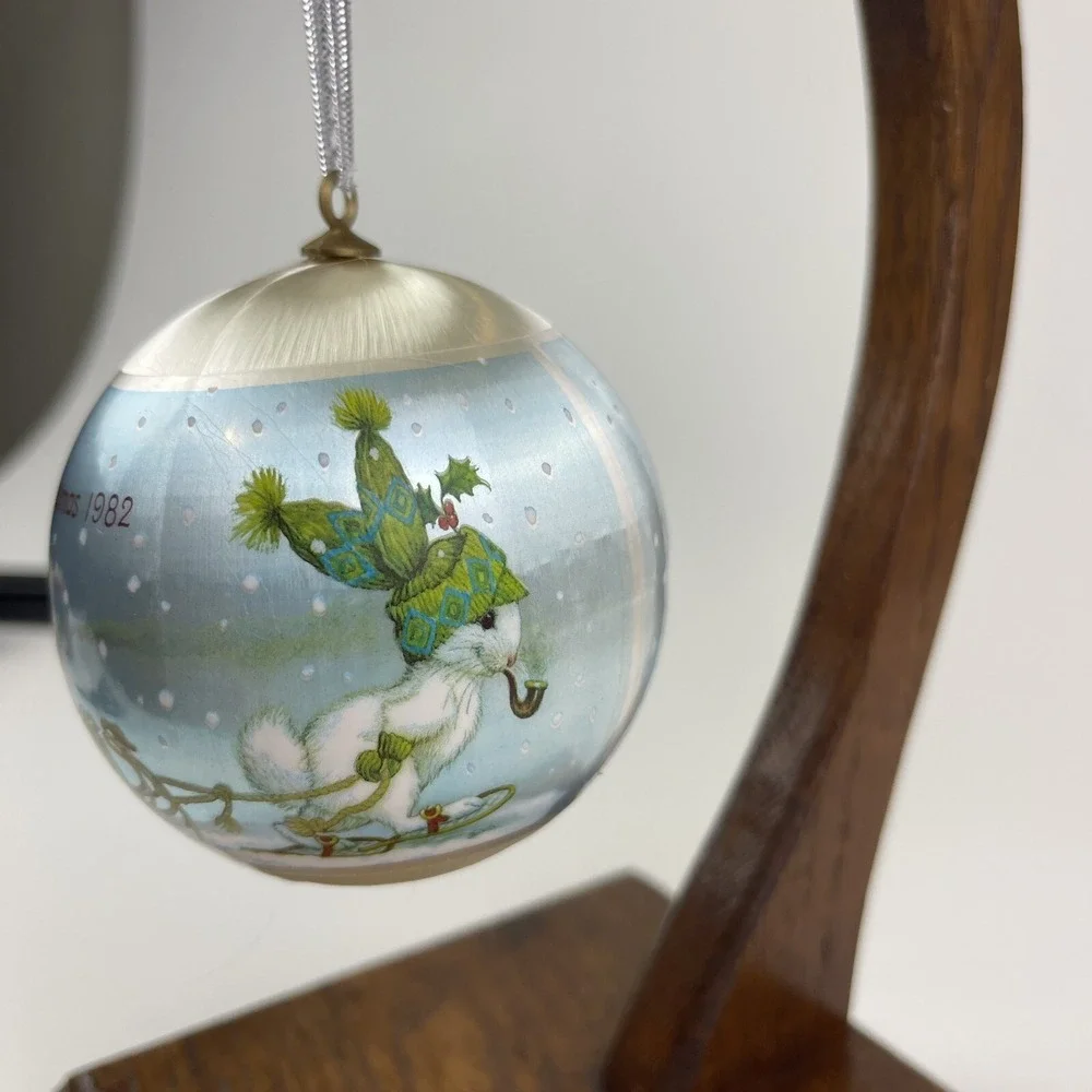 Vintage 1982 Hallmark Grandson Satin Ball‎ Christmas Ornament Bunnies Sled Snow